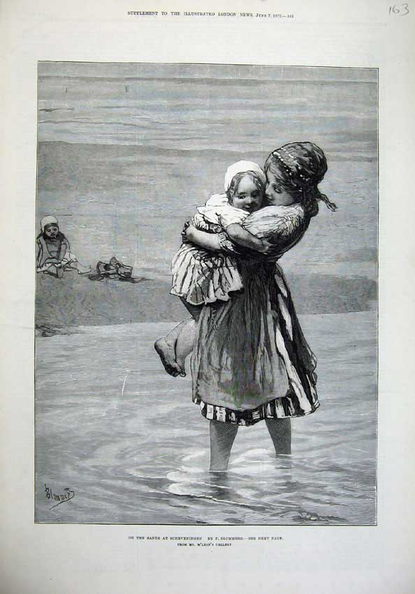 Old Antique Print 1879 Little Girls Children Playing Beach Scheveningen 19th