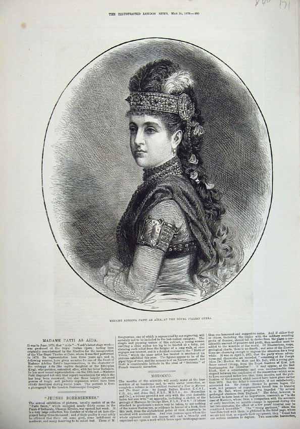 Old Antique Print 1879 Madame Adelina Patti Aida Royal Italian Opera Art 19th