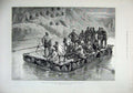 Original Old Antique Print 1879 Boating Cabul River Caves Chicknour Army Men