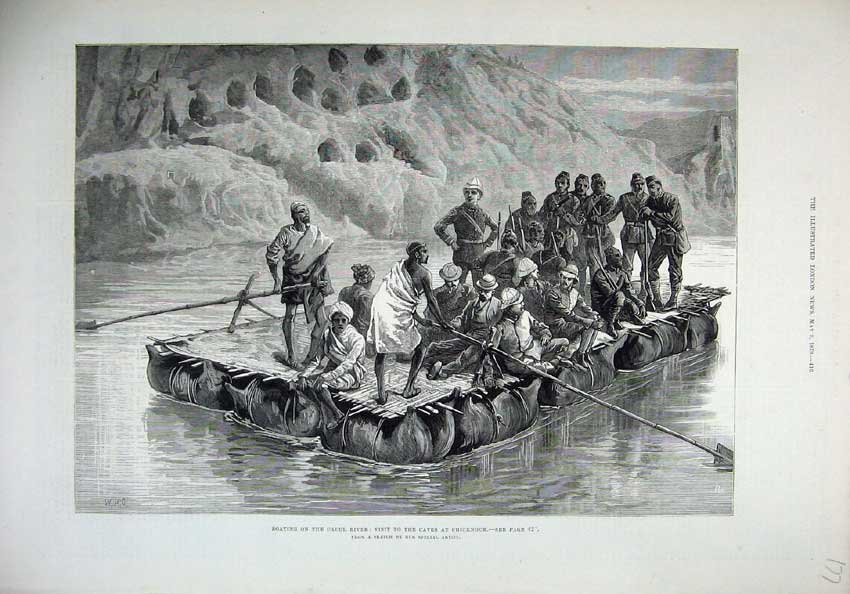 Original Old Antique Print 1879 Boating Cabul River Caves Chicknour Army Men