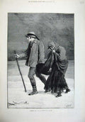Original Old Antique Print 1877 Fine Art Poor Man Woman Stick Snow Watson 19th