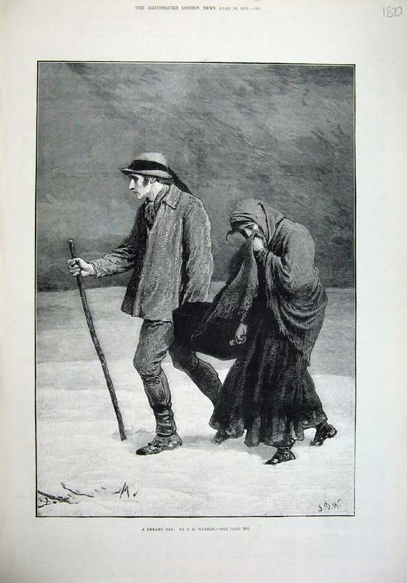 Original Old Antique Print 1877 Fine Art Poor Man Woman Stick Snow Watson 19th