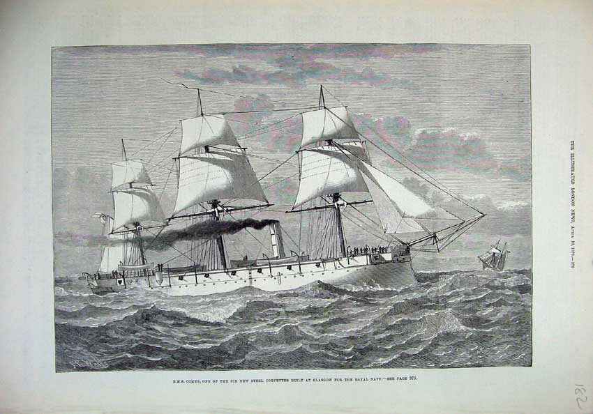 Original Old Antique Print 1877 H.M.S Comus Steel Corvettes Glasgow Royal Navy