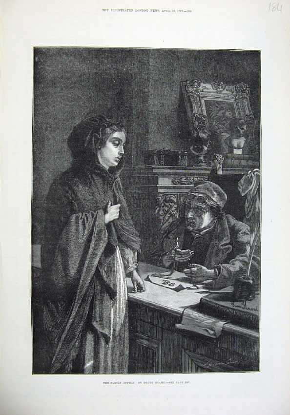 Old Antique Print 1877 Fine Art Woman Family Jewels Man Pawn Shop Huard 19th
