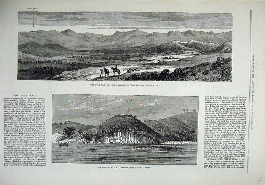 Old Antique Print 1879 Zulu War Fort Pearson Tugela River Colonel Ekowe 19th