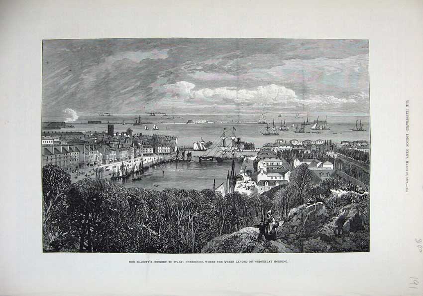 Old Antique Print 1879 Queen Journey Itlay Cherbourg Sailing Ships Town 19th