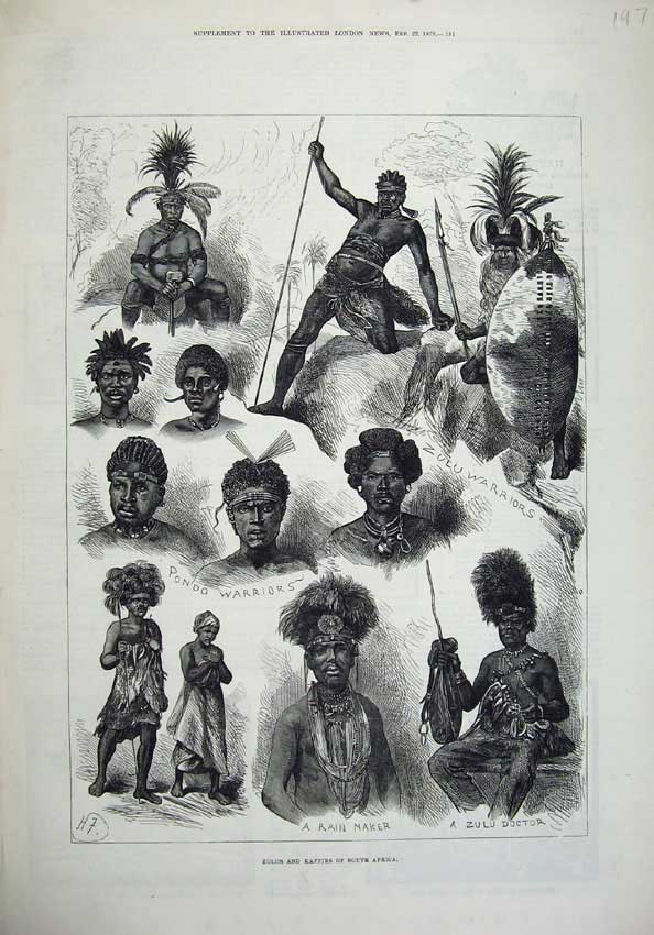 Old Antique Print 1879 Zulus Kaffirs South Africa Warriors Doctor Pondo 19th