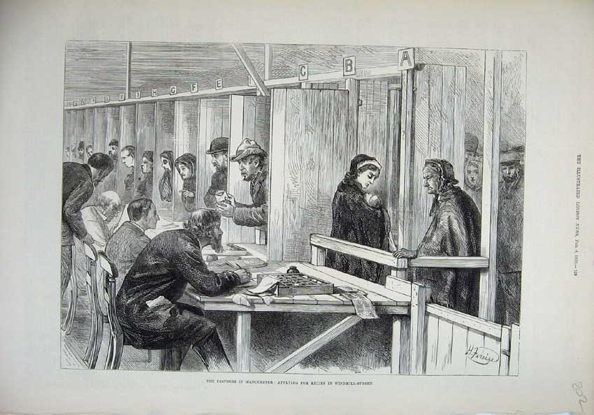 Original Old Antique Print 1879 Manchester Men Women Applying Relief Windmill