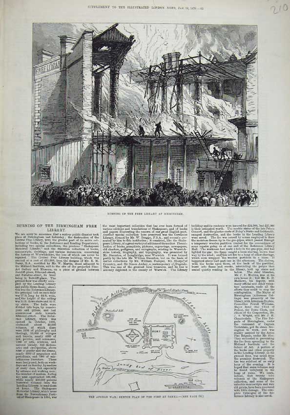 Old Antique Print 1879 Fire Library Birmingham Afghan War Fort Dakka Plan 19th