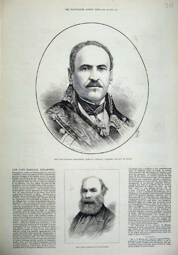 Original Old Antique Print 1879 Marshal Espartero Duke Vittoria Spain Tweeddale
