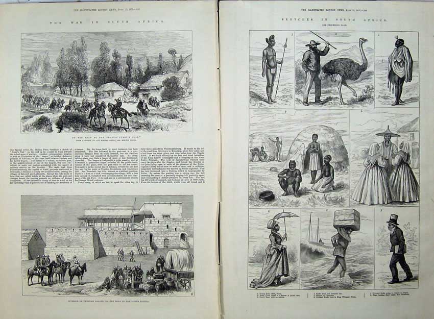 Antique Old Print War South Africa 1879 Verulam Laager Ostrich Kaffir Men 19th