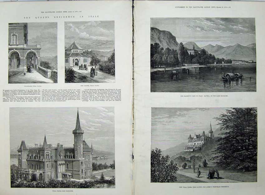 Original Old Antique Print Queen Italy 1879 Villa Clara Lago Maggiore Lake Art