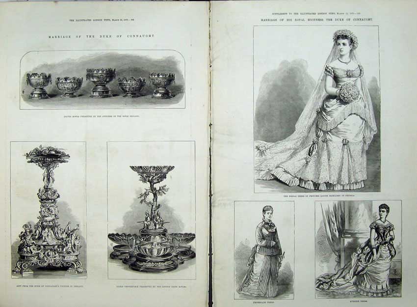 Antique Old Print 1879 Wedding Duke Connaught Bridal Dress Louise Prussia 19th