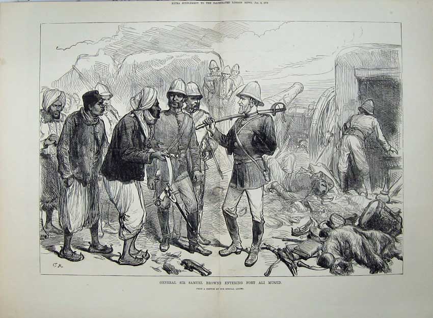 Old Antique Print 1879 General Samuel Browne Fort Ali Musjid Afghan War 19th