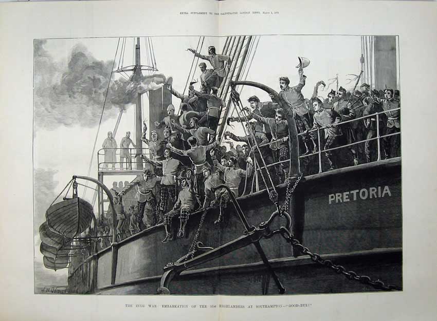 Old Antique Print 1879 Zulu War Ship Embarkation Highlanders Southampton 19th
