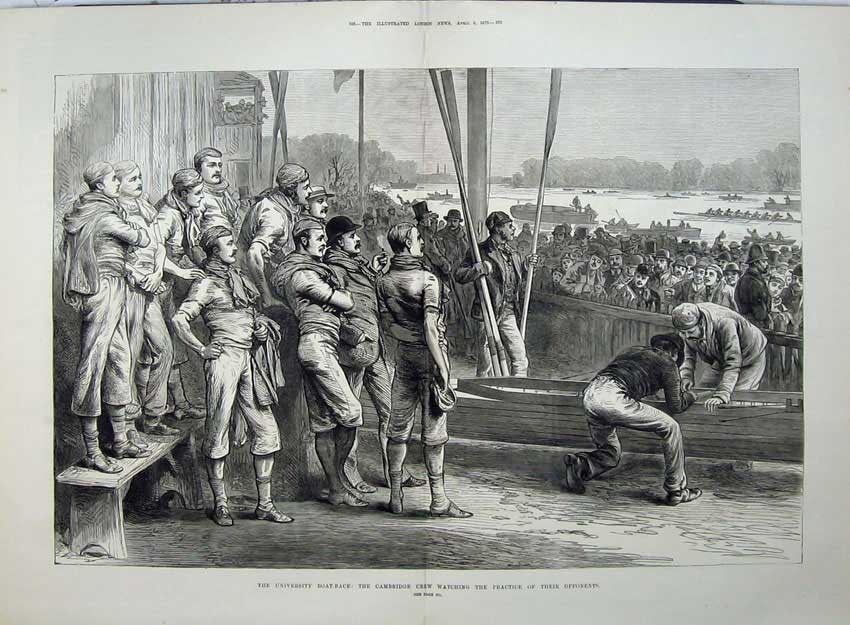 Old Antique Print 1879 University Boat Race Cambridge Crew Oar River Men 19th