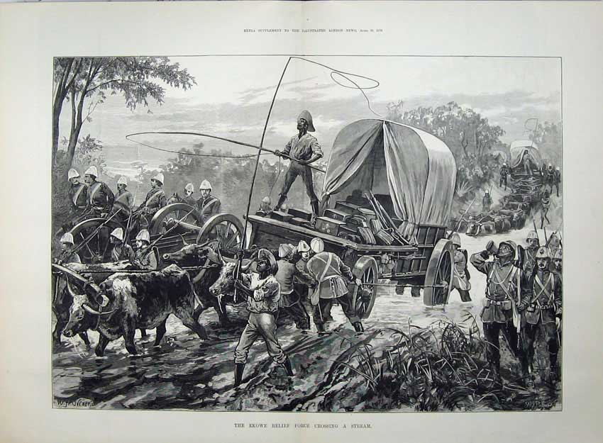 Old Antique Print 1879 Ekowe Relief Cattle Waggons Crossing Stream War 19th