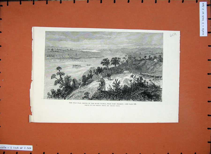 Old Antique Print 1879 Zulu War River Tugela Fort Pearson Army Mountains 19th