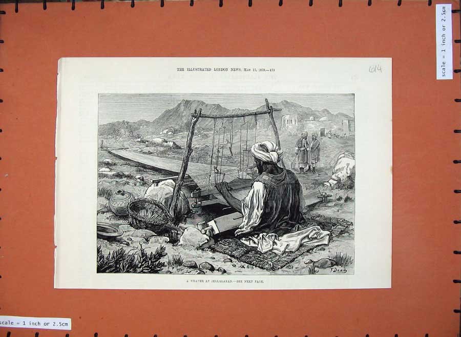 Original Old Antique Print 1879 Man Weaver Jellalabad Loom Mountains Fine Art