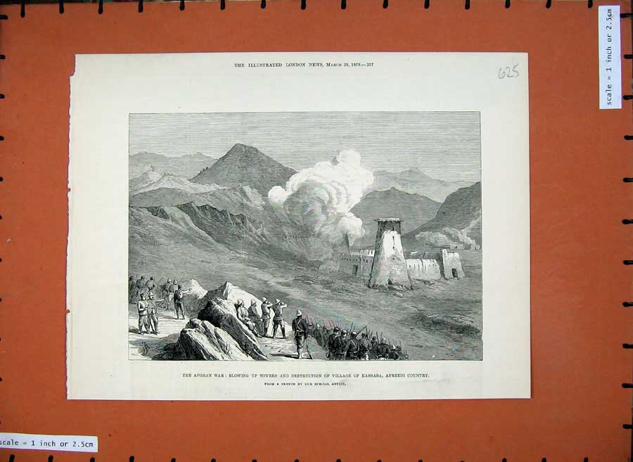 Old Antique Print 1879 Afghan War Bombing Towers Village Kassaba Afreedi 19th