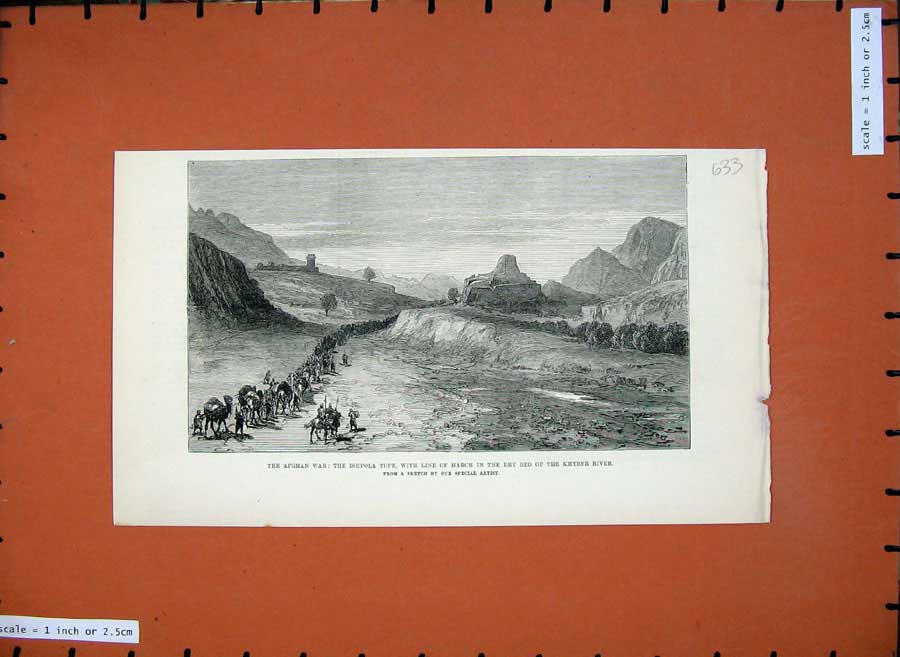 Old Antique Print 1879 Afghan War Ishpola Tope Dry Bed Khyber River Army 19th