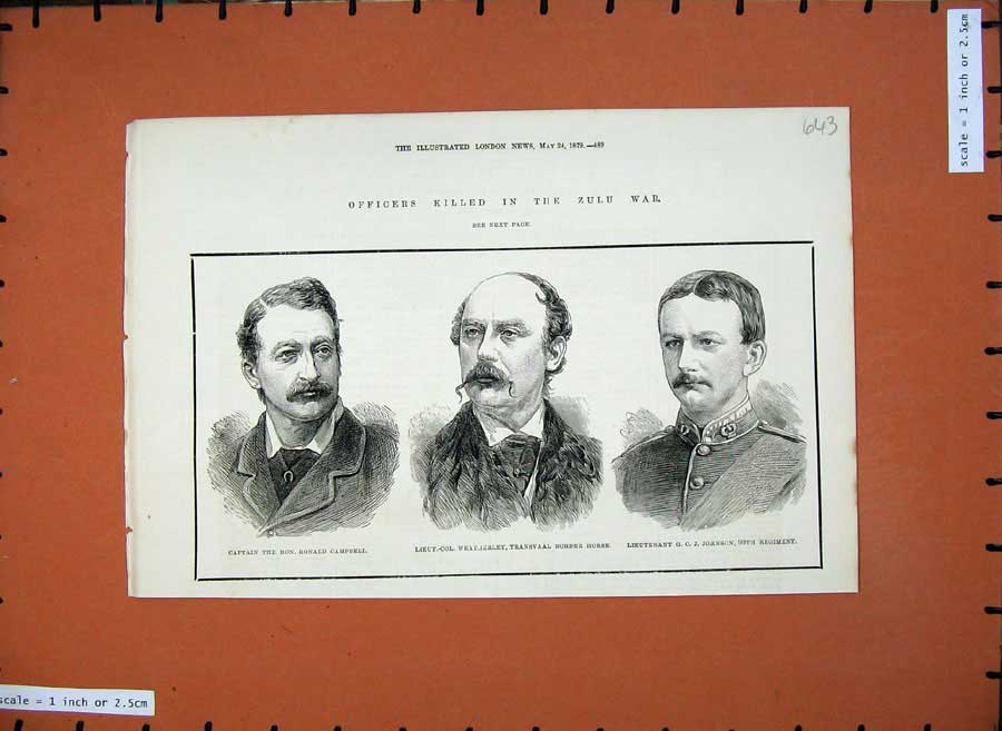 Original Old Antique Print Ficers Zulu War 1879 Campbell Weatherley Johnson Men
