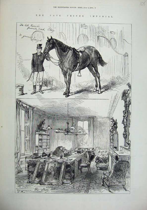 Original Old Antique Print 1879 Prince Imperial Home Study Horse Stag Stable