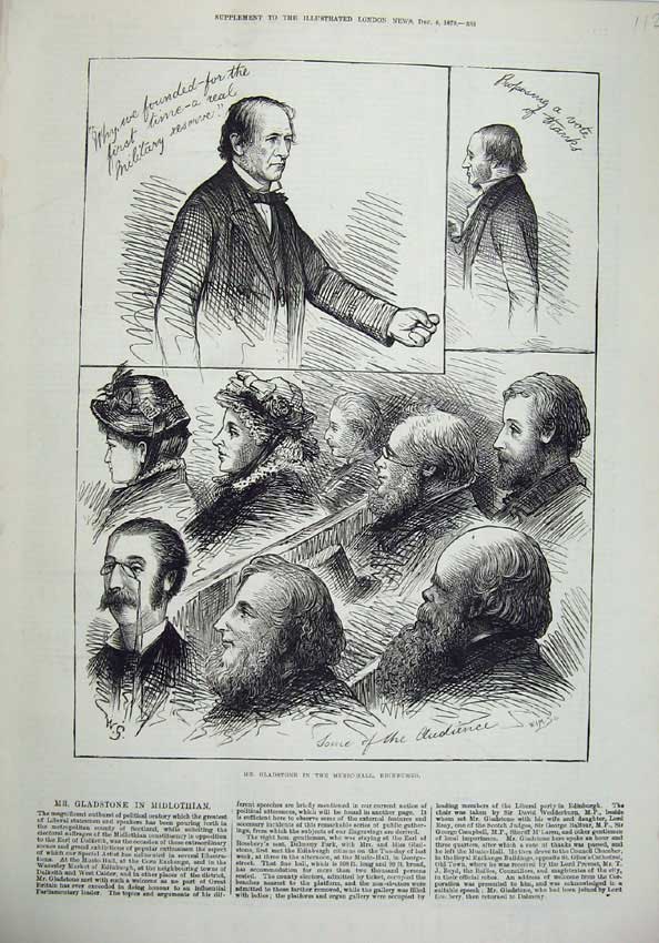 Original Old Antique Print 1879 Mr Gladstone Music Hall Edinburgh Corn Exchange