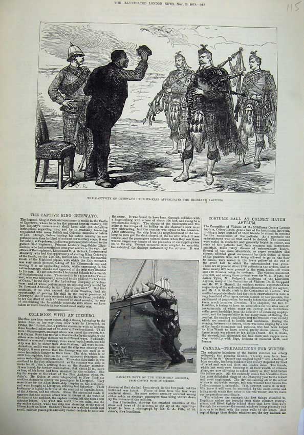 Original Old Antique Print 1879 Capture Cetewayo Highland Bagpipes Arizona Ship
