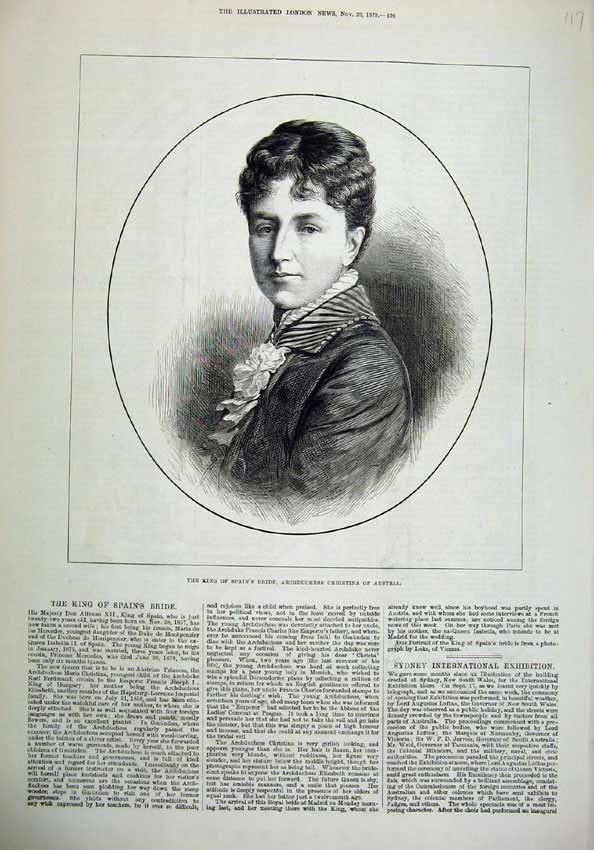 Old Antique Print 1879 Portrait King Spain Bride Archduchess Austria Art 19th