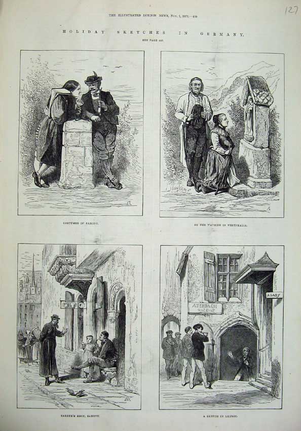 Original Old Antique Print 1879 Germany Costumes Saxony Barber'S Shop Leipsic