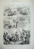 Original Old Antique Print 1879 Zululand Horses War Army Artist Fire Kraal Art
