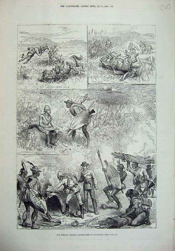 Original Old Antique Print 1879 Zululand Horses War Army Artist Fire Kraal Art