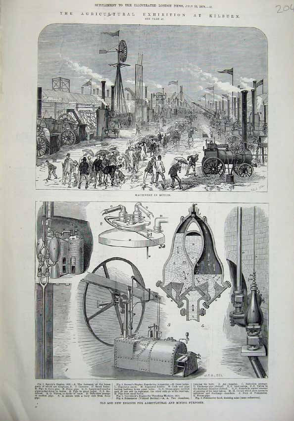 Original Old Antique Print Kilburn 1879 Machinery Exhibition Engines Mining
