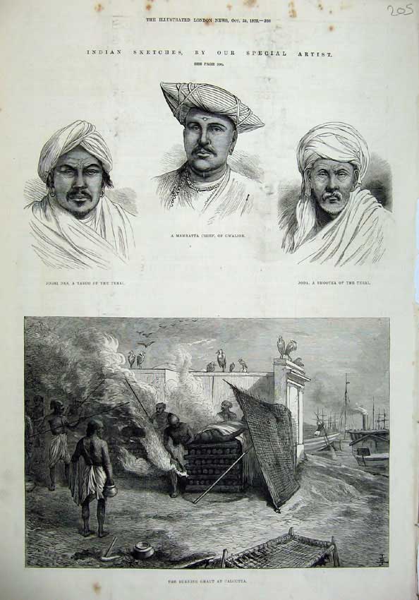 Old Antique Print 1879 India Burning Ghaut Calcutta Bhootea Gwalior Taroo 19th