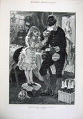 Old Antique Print 1879 Fine Art Christmas Little Girl Flowers Man Servant 19th