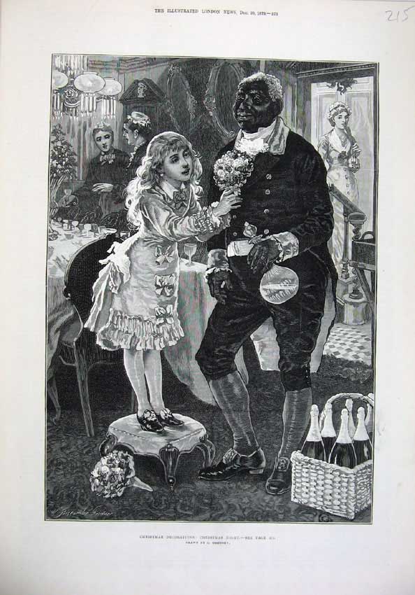 Old Antique Print 1879 Fine Art Christmas Little Girl Flowers Man Servant 19th