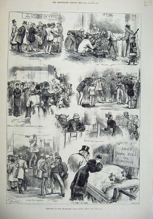 Old Antique Print 1879 Smithfield Club Cattle Show Pigs Ox Prince Wales 19th