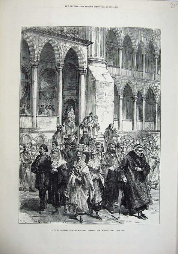 Original Old Antique Print 1879 Constantinople Moslems Mosque People Church