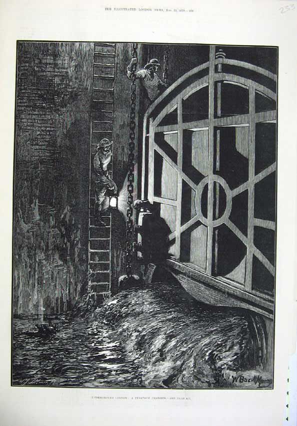 Old Antique Print 1879 Fine Art London Underground Penstock Chamber Man 19th