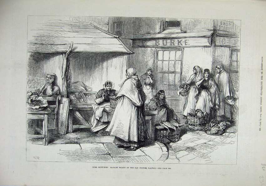 Original Old Antique Print 1879 Ireland Market Women Booths Galway Shopping