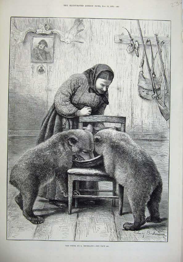 Original Old Antique Print 1879 Women Baby Bears Feeding Animals Beckmann 19th