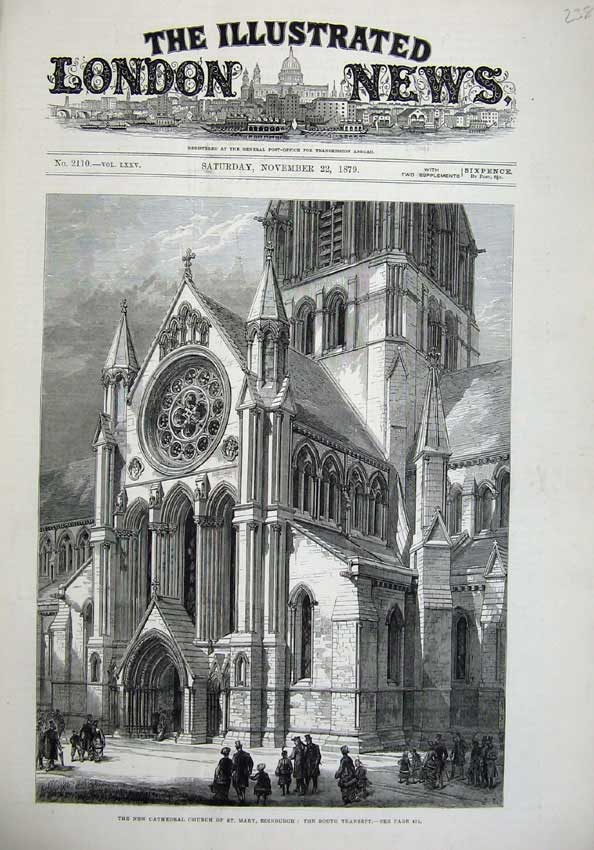 Original Old Antique Print 1879 Transept Cathedral Church St Mary Edinburgh Art