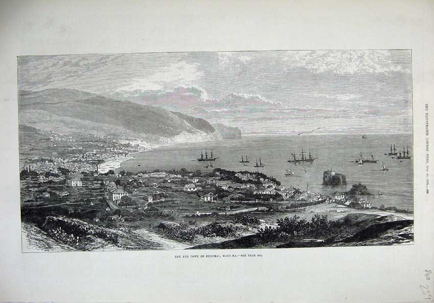 Old Antique Print 1879 View Bay Town Funchal Madera Sailing Ship Fine Art 19th