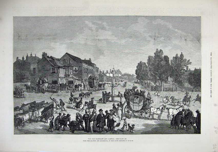 Original Old Antique Print 1879 Elephant Castle Street Horse Carriage People