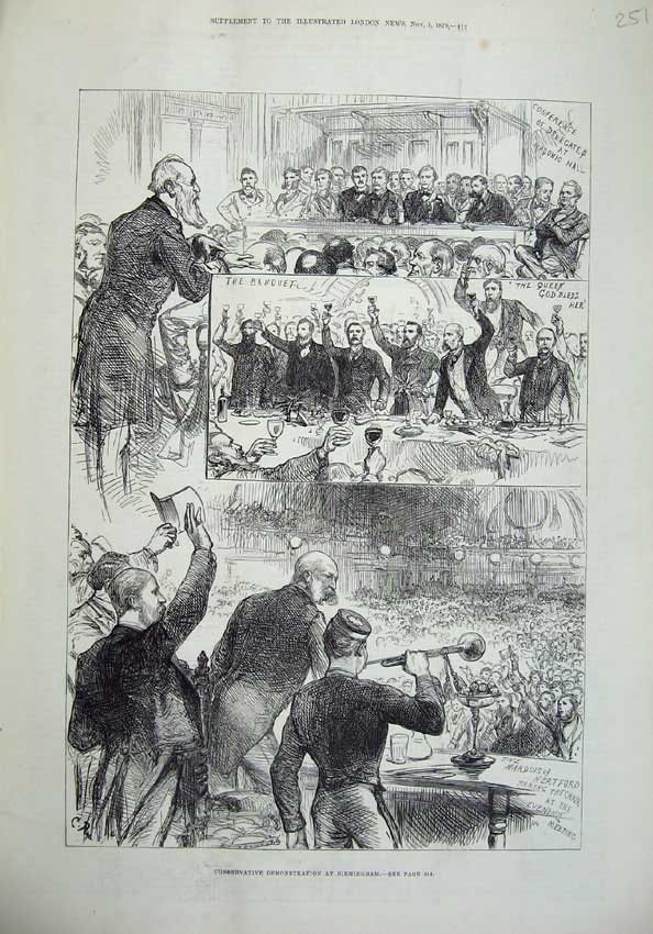 Original Old Antique Print 1879 Conservative Demonstration Birmingham Banquet