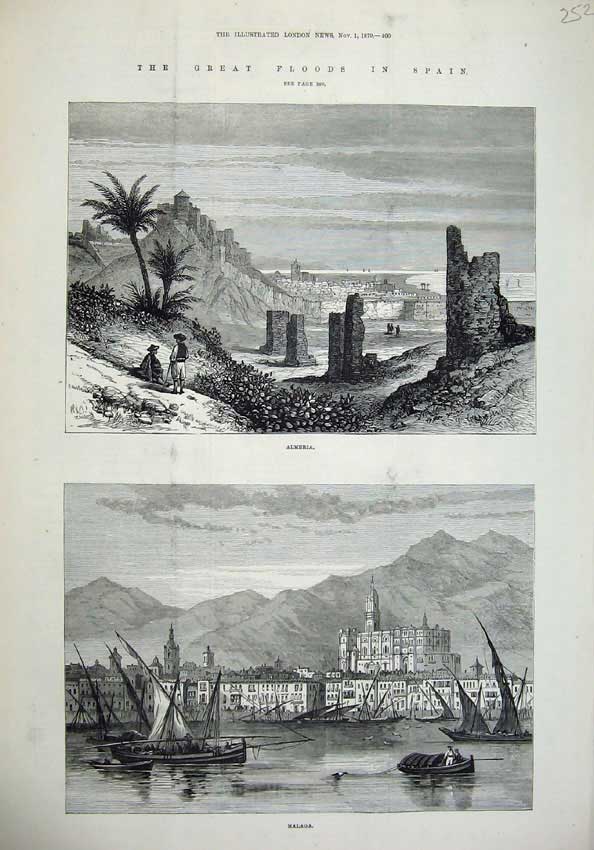 Old Antique Print Floods Spain 1879 View Almeria Malaga Mountains Ships 19th