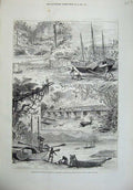 Original Old Antique Print 1879 America Isthmus Canal Barbacoas Bridge Mamagua