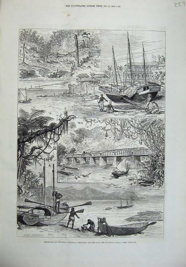Original Old Antique Print 1879 America Isthmus Canal Barbacoas Bridge Mamagua