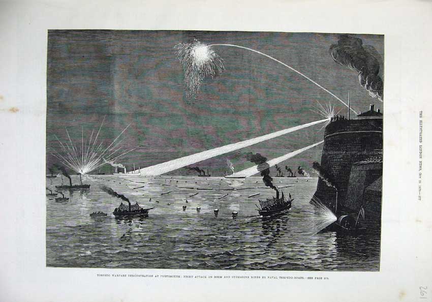 Old Antique Print Fine Art 1879 Torpedo Warfare Portsmouth Night Attack 19th